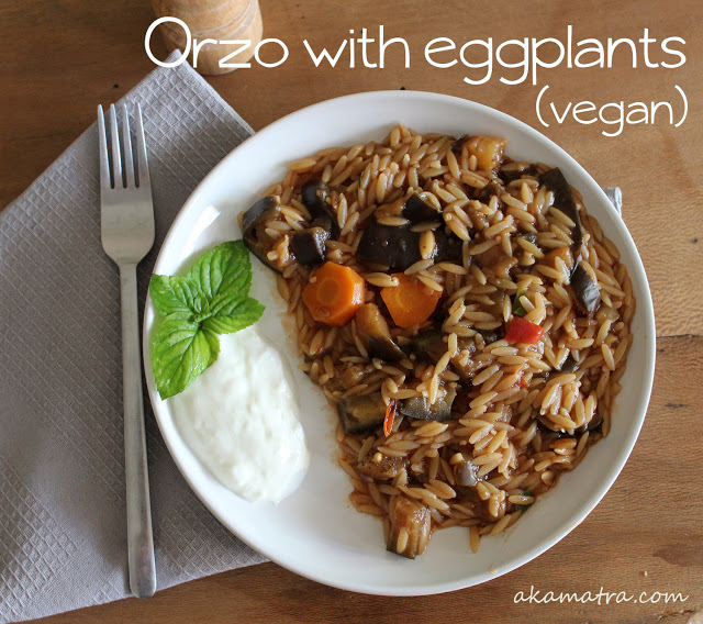 Orzo with eggplants, vegan recipe